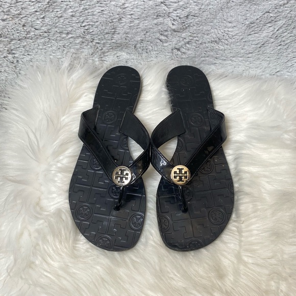 Tory Burch Shoes - Tory Burch Thora Black Leather Logo Sandals